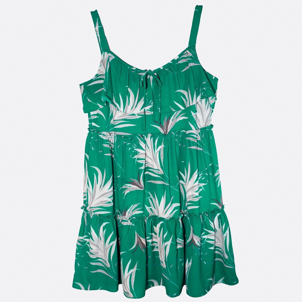 Taylor Empire Waist Mini Dress Green Tropical Palm Print Tiered Ruffle Size 0X L - Picture 2 of 9